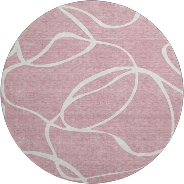 HomeRoots 8' Stylish Pink and Ivory Abstract Washable Round Rug with UV Protection for Modern Homes & Families 678661