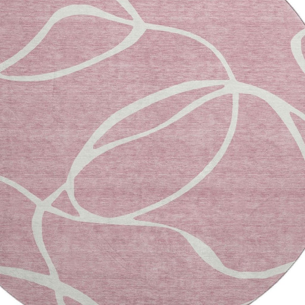 HomeRoots 8' Stylish Pink and Ivory Abstract Washable Round Rug with UV Protection for Modern Homes & Families 678661