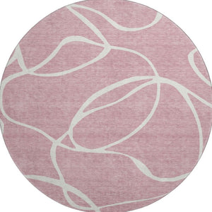 HomeRoots 8' Stylish Pink and Ivory Abstract Washable Round Rug with UV Protection for Modern Homes & Families 678661