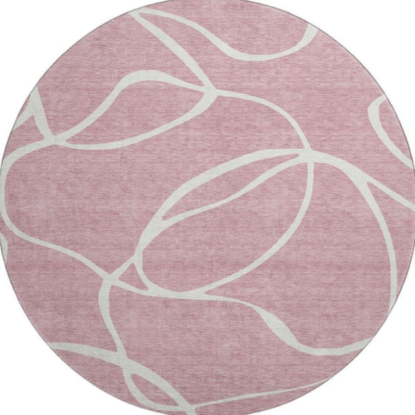 HomeRoots 8' Stylish Pink and Ivory Abstract Washable Round Rug with UV Protection for Modern Homes & Families 678661