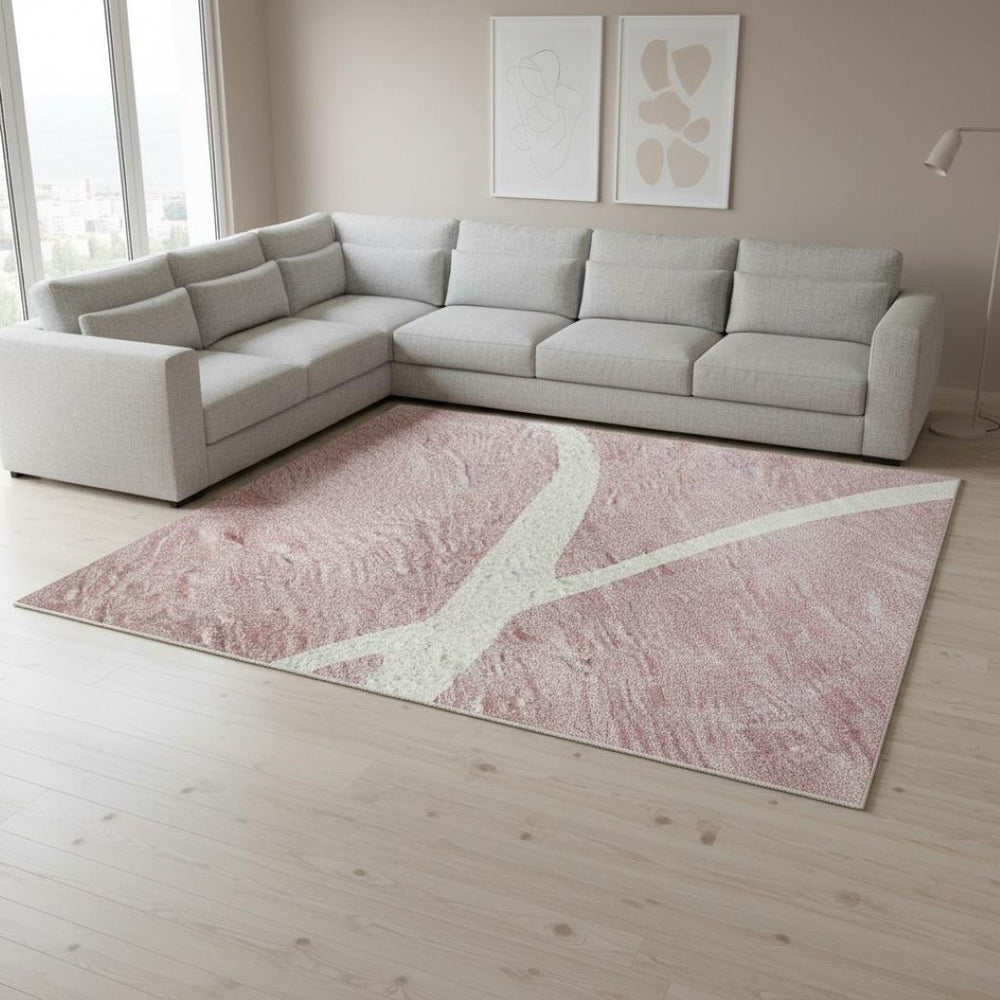 HomeRoots 8' X 10' Pink and Ivory Abstract Washable Area Rug - Stylish, Durable, UV-Protected for Everyday Living 678662