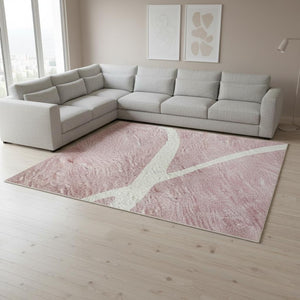 HomeRoots 8' X 10' Pink and Ivory Abstract Washable Area Rug - Stylish, Durable, UV-Protected for Everyday Living 678662