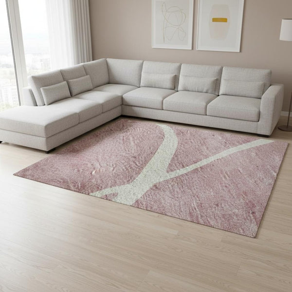 HomeRoots 9' X 12' Pink and Ivory Abstract Area Rug – Washable, UV-Protected, Stylish & Durable for Modern Homes 678663