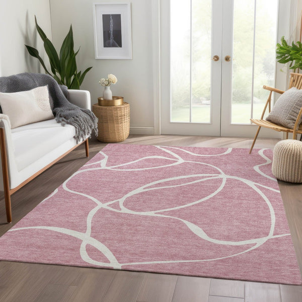 HomeRoots 10' X 14' Pink and Ivory Abstract Area Rug - Washable, UV Protected, Perfect for Modern Living Spaces! 678664
