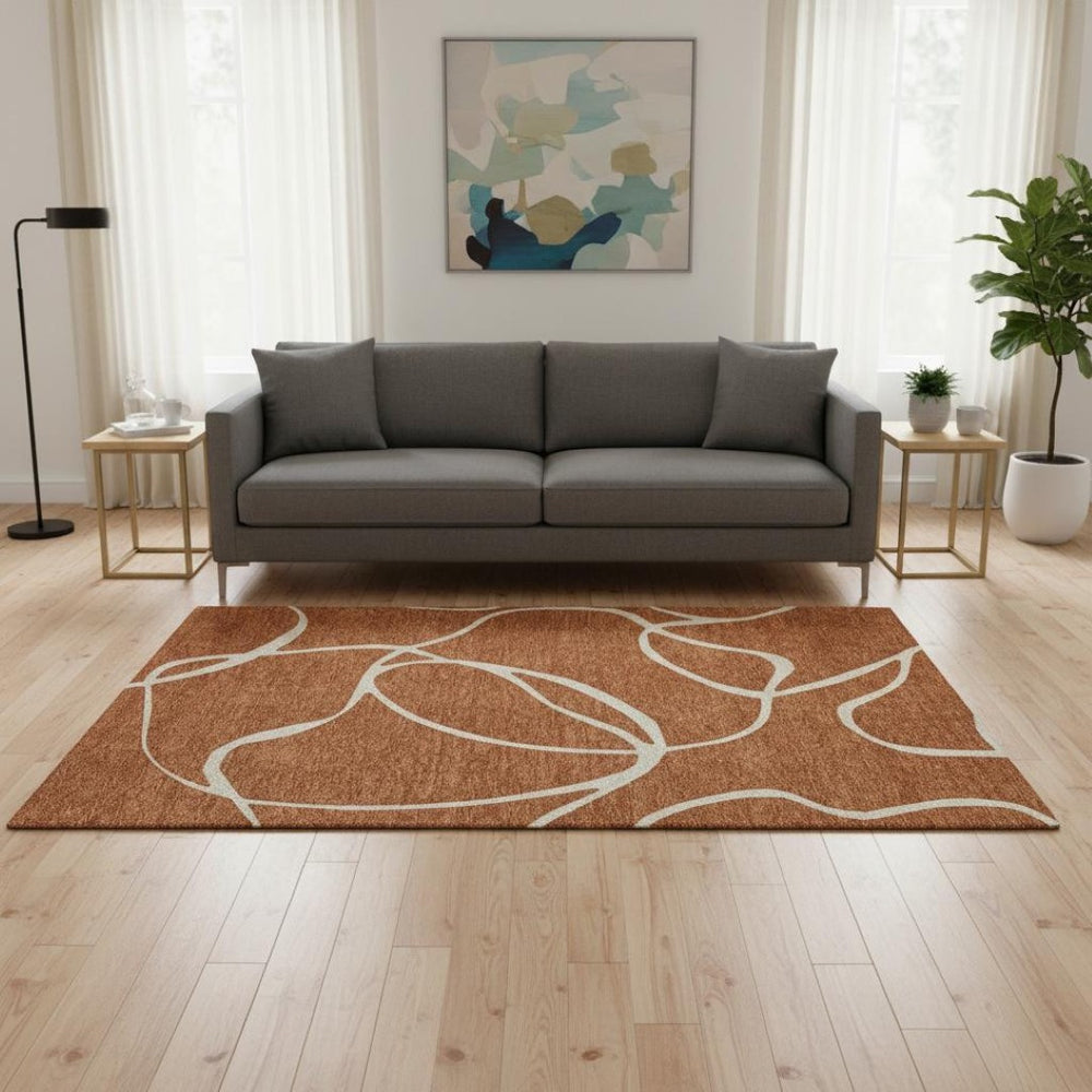 HomeRoots 5' X 8' Abstract Rust and Beige Area Rug – Washable, UV-Protected, Durable Design for Homes with Kids 678666