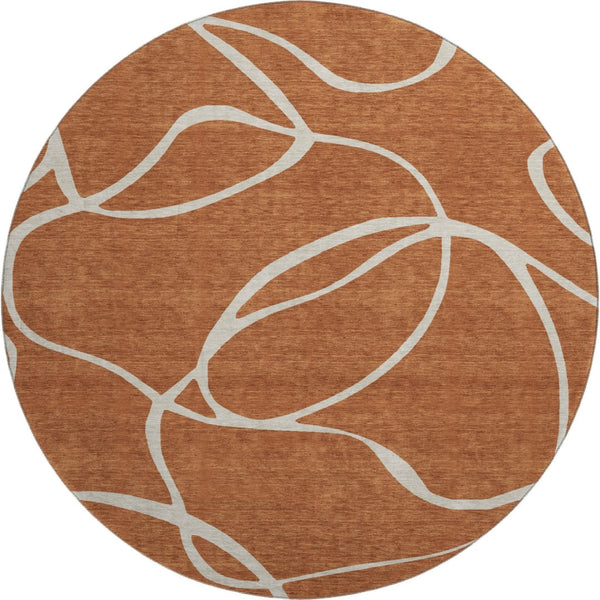 HomeRoots 8' Rust and Beige Abstract Round Rug - Washable, UV Protected, Durable for High-Traffic Areas! 678667
