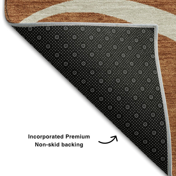 HomeRoots 8' Rust and Beige Abstract Round Rug - Washable, UV Protected, Durable for High-Traffic Areas! 678667