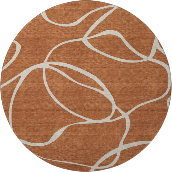HomeRoots 8' Rust and Beige Abstract Round Rug - Washable, UV Protected, Durable for High-Traffic Areas! 678667