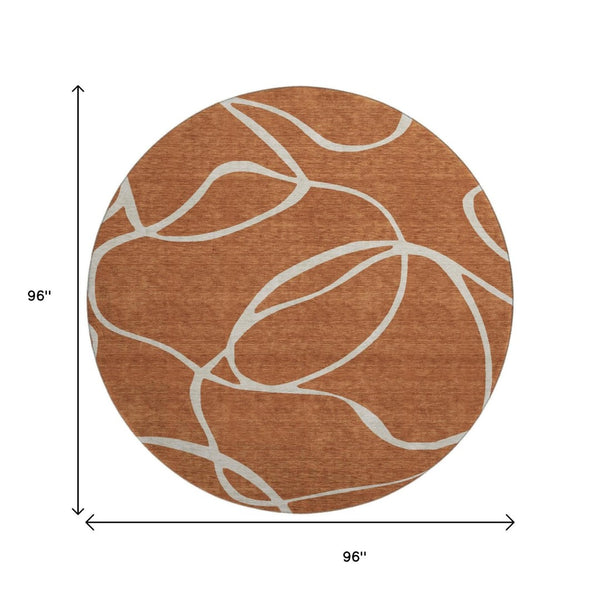 HomeRoots 8' Rust and Beige Abstract Round Rug - Washable, UV Protected, Durable for High-Traffic Areas! 678667