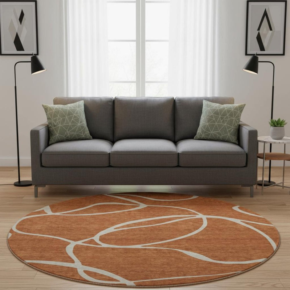 HomeRoots 8' Rust and Beige Abstract Round Rug - Washable, UV Protected, Durable for High-Traffic Areas! 678667