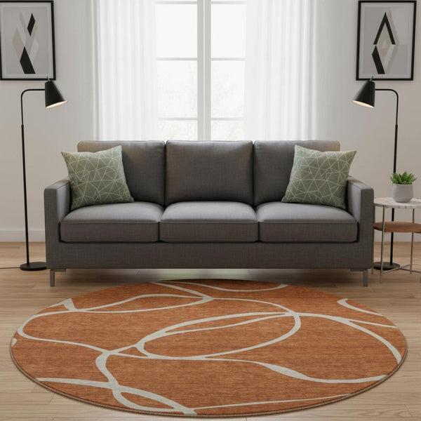 HomeRoots 8' Rust and Beige Abstract Round Rug - Washable, UV Protected, Durable for High-Traffic Areas! 678667