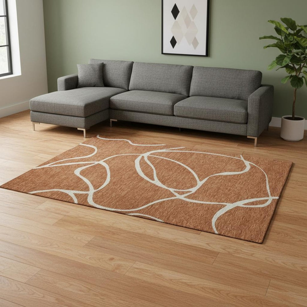 HomeRoots 9' X 12' Rust and Beige Abstract Area Rug – Stylish, Washable, UV-Protected for Busy Homes and Pets 678669