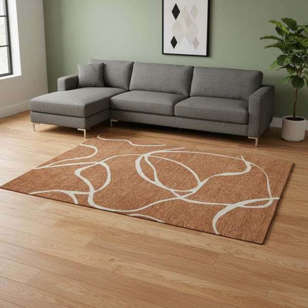 HomeRoots 9' X 12' Rust and Beige Abstract Area Rug – Stylish, Washable, UV-Protected for Busy Homes and Pets 678669