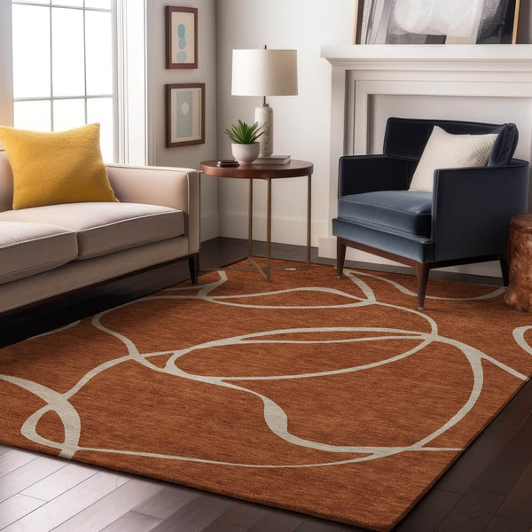 HomeRoots 9' X 12' Rust and Beige Abstract Area Rug – Stylish, Washable, UV-Protected for Busy Homes and Pets 678669