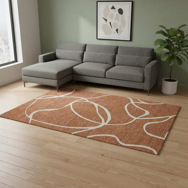 HomeRoots 10' X 14' Washable Abstract Area Rug in Rust & Beige - UV Protection, Stain-Resistant for Homes 678670