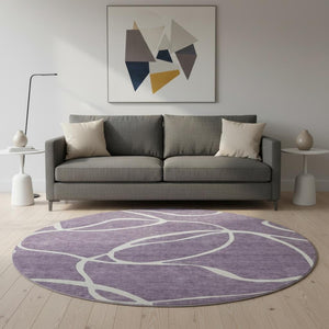 HomeRoots 8' Purple and Ivory Abstract Washable Round Rug - Durable, UV-Protected, Perfect for High-Traffic Areas 678673
