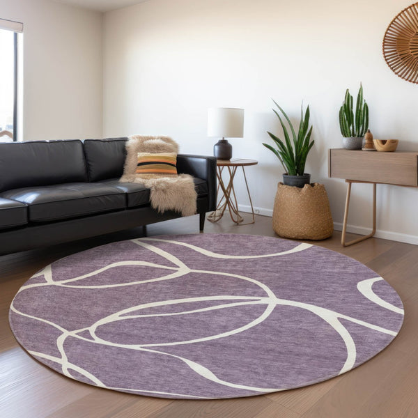 HomeRoots 8' Purple and Ivory Abstract Washable Round Rug - Durable, UV-Protected, Perfect for High-Traffic Areas 678673