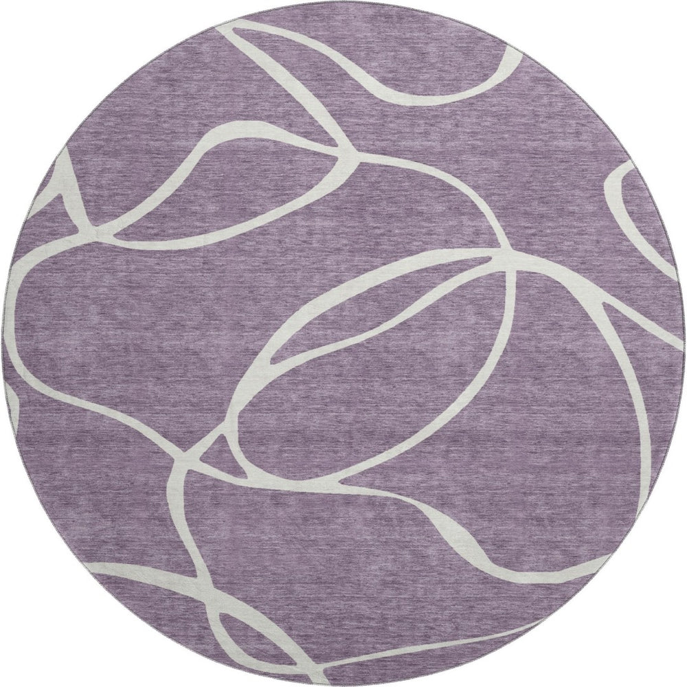 HomeRoots 8' Purple and Ivory Abstract Washable Round Rug - Durable, UV-Protected, Perfect for High-Traffic Areas 678673