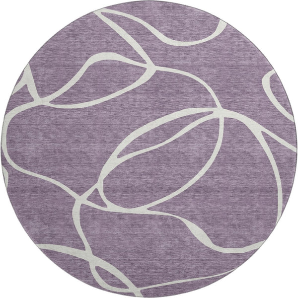 HomeRoots 8' Purple and Ivory Abstract Washable Round Rug - Durable, UV-Protected, Perfect for High-Traffic Areas 678673