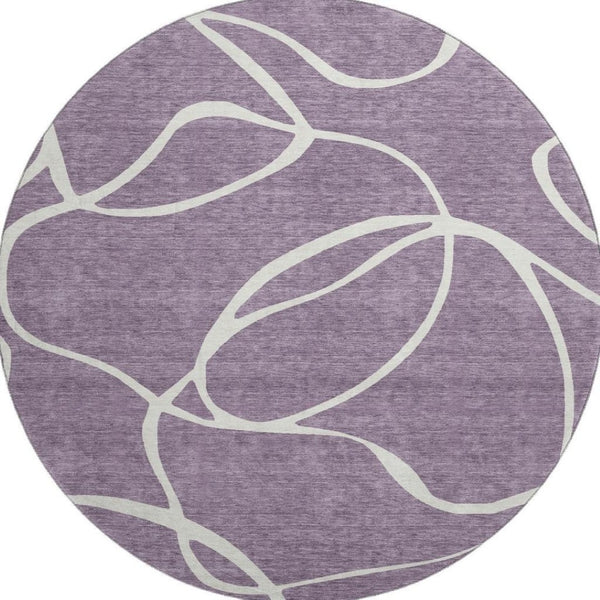 HomeRoots 8' Purple and Ivory Abstract Washable Round Rug - Durable, UV-Protected, Perfect for High-Traffic Areas 678673
