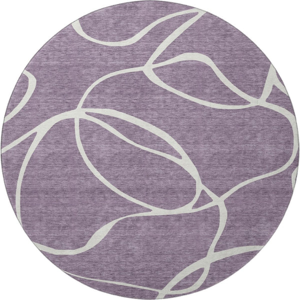HomeRoots 8' Purple and Ivory Abstract Washable Round Rug - Durable, UV-Protected, Perfect for High-Traffic Areas 678673