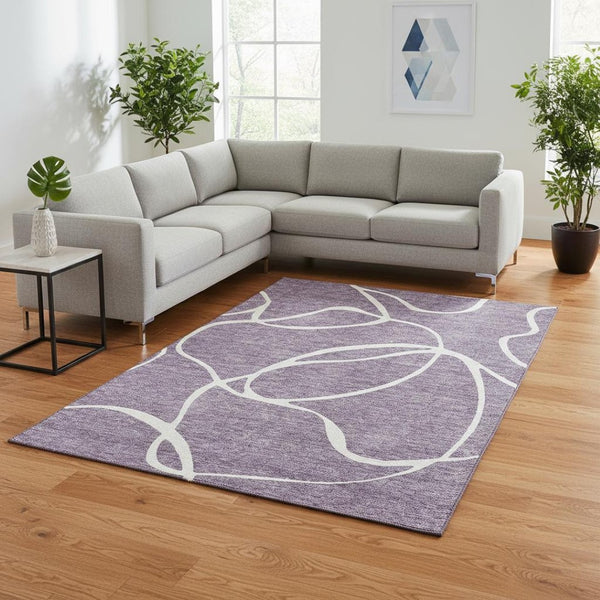 HomeRoots 9' X 12' Purple and Ivory Abstract Area Rug - Washable, UV-Protected, Durable for High-Traffic Spaces 678675