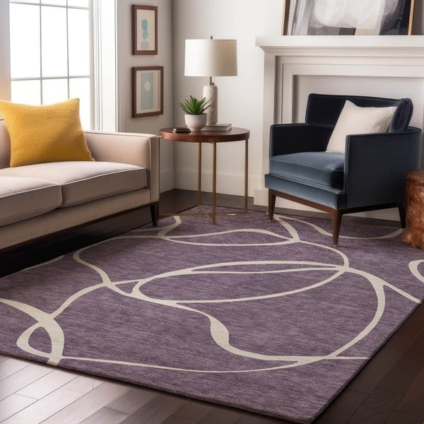 HomeRoots 9' X 12' Purple and Ivory Abstract Area Rug - Washable, UV-Protected, Durable for High-Traffic Spaces 678675