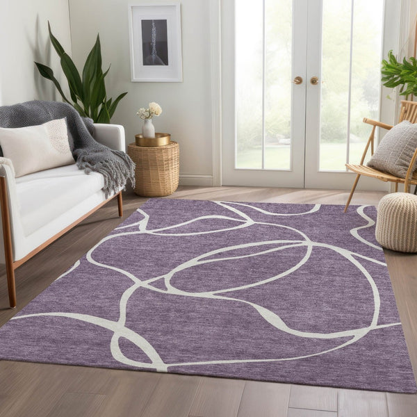 HomeRoots 9' X 12' Purple and Ivory Abstract Area Rug - Washable, UV-Protected, Durable for High-Traffic Spaces 678675