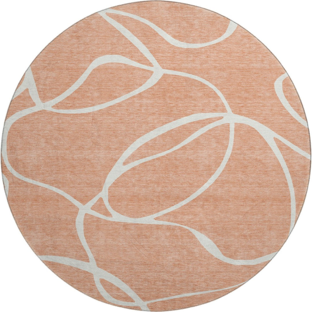 HomeRoots 8' Salmon and Ivory Round Rug – Washable, UV-Protected, Stylish Abstract Design for Modern Spaces 678679
