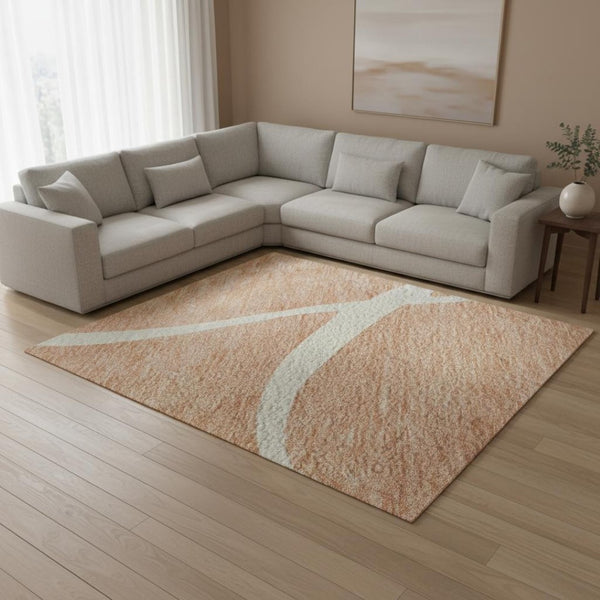 HomeRoots 10' Salmon and Ivory Abstract Area Rug - Washable, UV-Protected, Modern Design for High-Traffic Spaces 678682