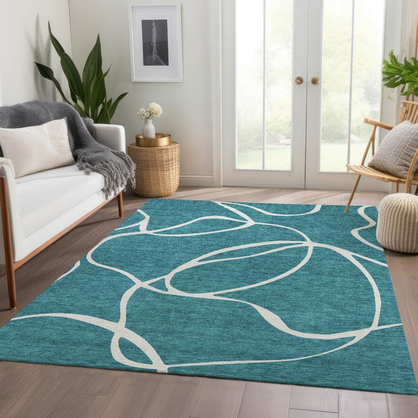 HomeRoots 5' X 8' Stylish Teal and Ivory Abstract Area Rug - Washable, UV-Protected, Durable for Every Space 678684