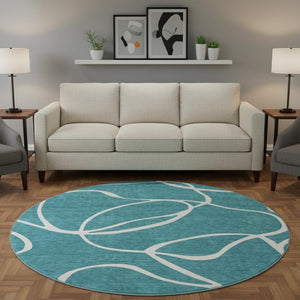 HomeRoots 8' Teal and Ivory Abstract Round Rug - Stylish, Stain-Resistant, UV Protected for Modern Homes 678685
