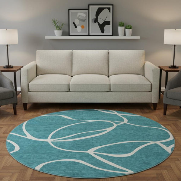 HomeRoots 8' Teal and Ivory Abstract Round Rug - Stylish, Stain-Resistant, UV Protected for Modern Homes 678685