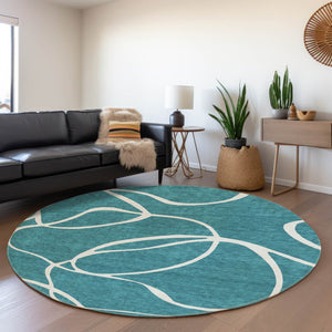 HomeRoots 8' Teal and Ivory Abstract Round Rug - Stylish, Stain-Resistant, UV Protected for Modern Homes 678685