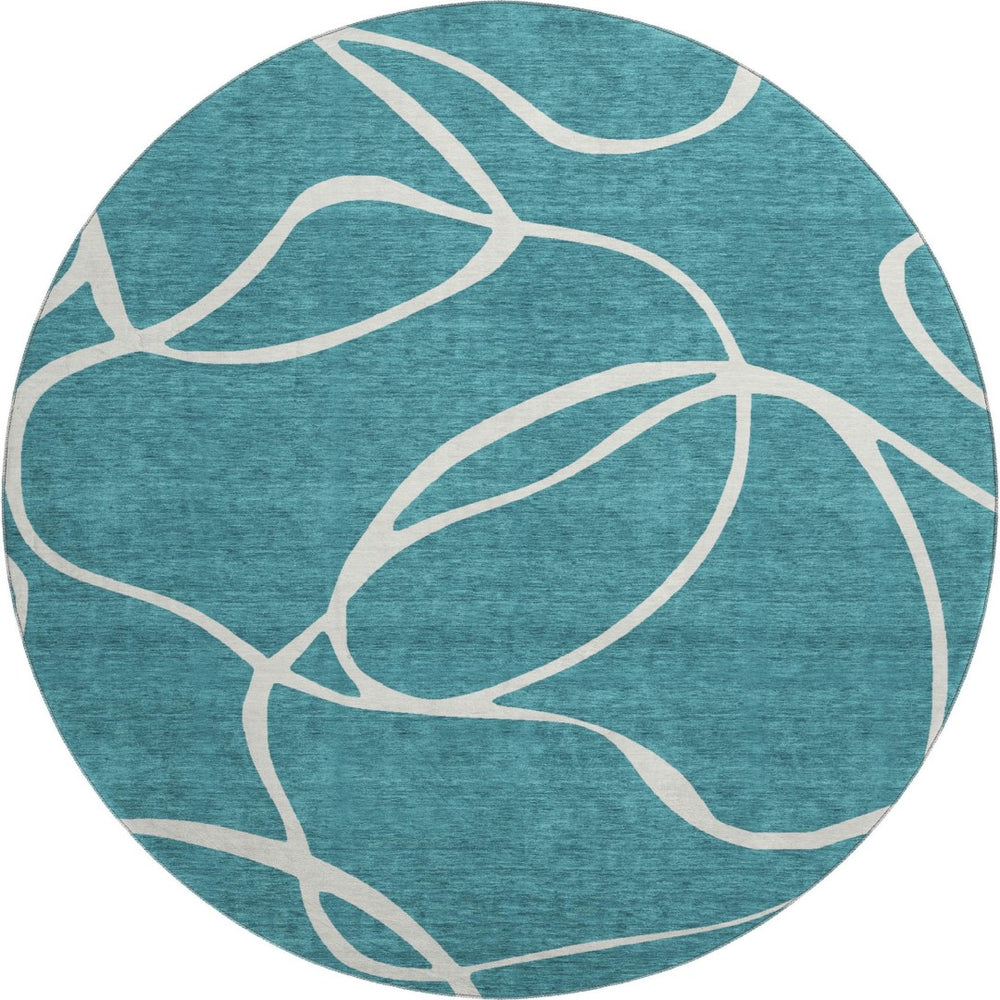 HomeRoots 8' Teal and Ivory Abstract Round Rug - Stylish, Stain-Resistant, UV Protected for Modern Homes 678685