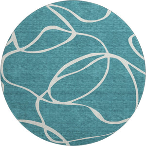 HomeRoots 8' Teal and Ivory Abstract Round Rug - Stylish, Stain-Resistant, UV Protected for Modern Homes 678685