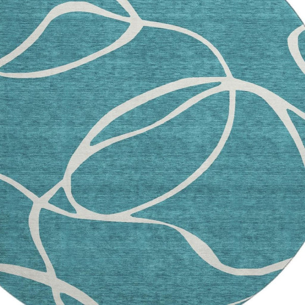 HomeRoots 8' Teal and Ivory Abstract Round Rug - Stylish, Stain-Resistant, UV Protected for Modern Homes 678685