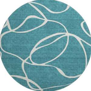 HomeRoots 8' Teal and Ivory Abstract Round Rug - Stylish, Stain-Resistant, UV Protected for Modern Homes 678685