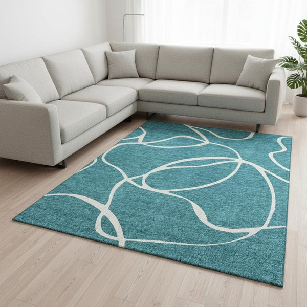 HomeRoots 9' X 12' Teal & Ivory Abstract Area Rug - Washable, UV-Protected, Durable for High-Traffic Spaces 678687