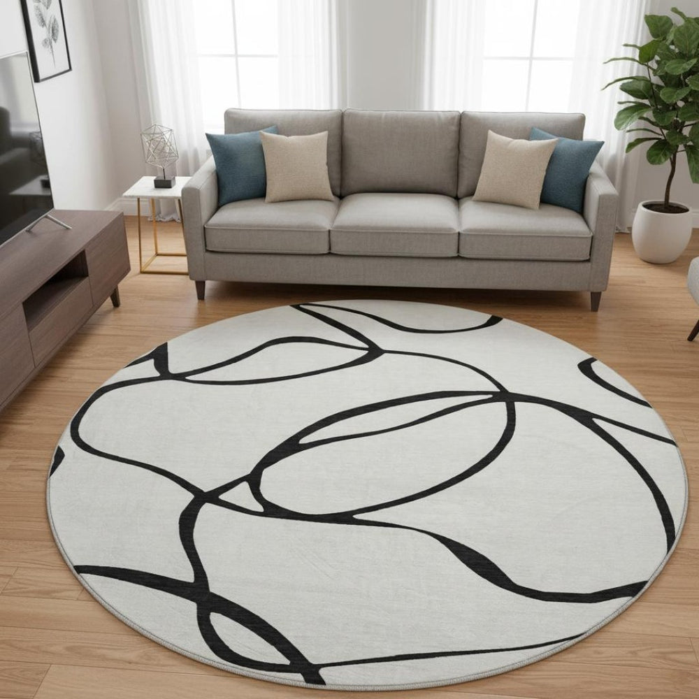 HomeRoots 8' Stylish Washable Round Rug with Abstract Black and White Design, UV Protection & Durability 678691