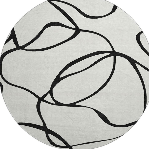 HomeRoots 8' Stylish Washable Round Rug with Abstract Black and White Design, UV Protection & Durability 678691