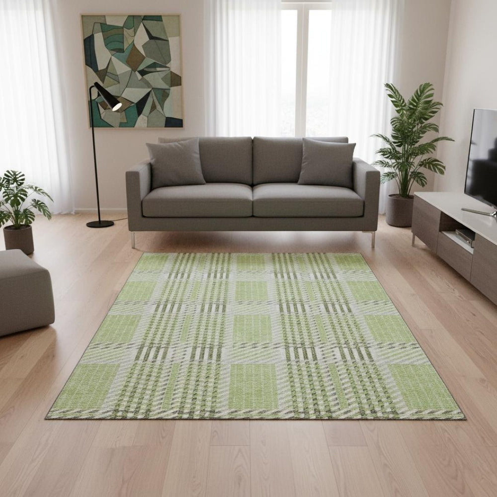 HomeRoots 5' X 8' Artichoke Green Plaid Area Rug – Washable, UV-Protected, Soft & Durable for Homes with Pets 678696