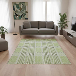 HomeRoots 5' X 8' Artichoke Green Plaid Area Rug – Washable, UV-Protected, Soft & Durable for Homes with Pets 678696