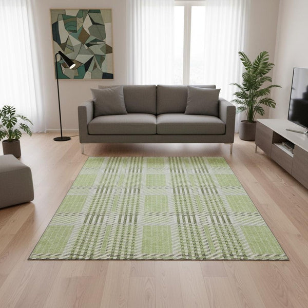 HomeRoots 5' X 8' Artichoke Green Plaid Area Rug – Washable, UV-Protected, Soft & Durable for Homes with Pets 678696