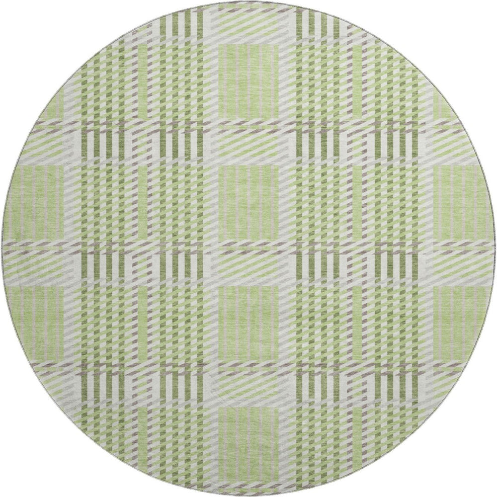 HomeRoots 8' Washable Round Rug in Artichoke Green, Ivory & Gray Plaid - Stain Resistant & UV Protected Design 678697