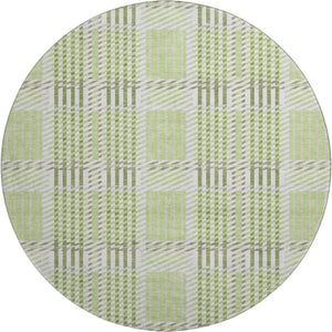 HomeRoots 8' Washable Round Rug in Artichoke Green, Ivory & Gray Plaid - Stain Resistant & UV Protected Design 678697