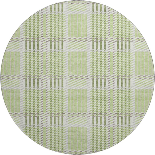 HomeRoots 8' Washable Round Rug in Artichoke Green, Ivory & Gray Plaid - Stain Resistant & UV Protected Design 678697