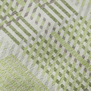 HomeRoots 8' Washable Round Rug in Artichoke Green, Ivory & Gray Plaid - Stain Resistant & UV Protected Design 678697