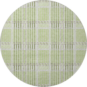 HomeRoots 8' Washable Round Rug in Artichoke Green, Ivory & Gray Plaid - Stain Resistant & UV Protected Design 678697