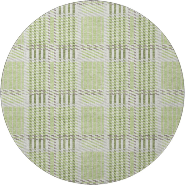 HomeRoots 8' Washable Round Rug in Artichoke Green, Ivory & Gray Plaid - Stain Resistant & UV Protected Design 678697